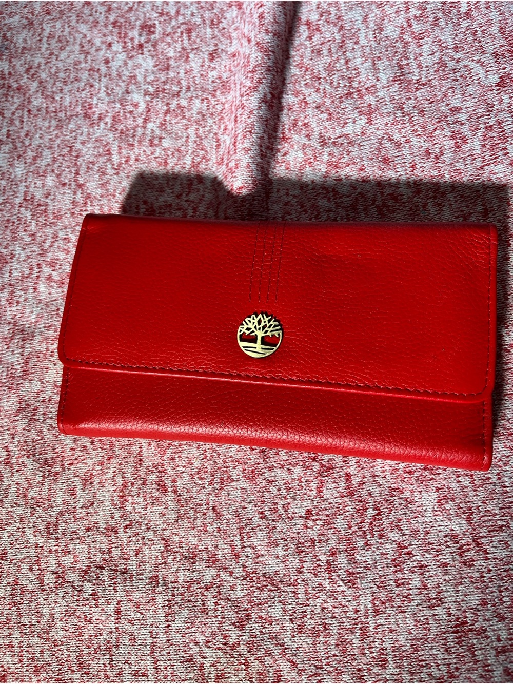 Timberland Red Leather Flap Wallet with Gold Tree Emblem